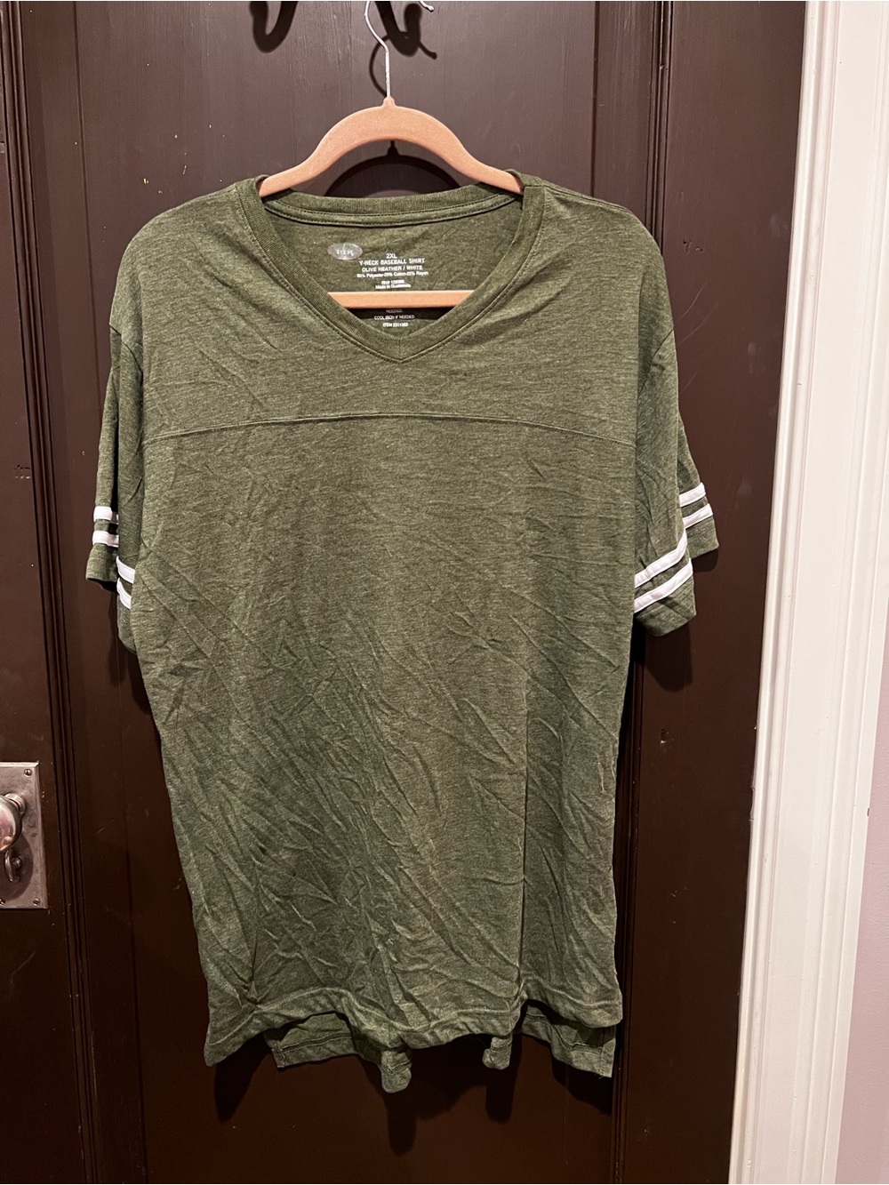 NWT Basic Olive Heather V-Neck Baseball Shirt with Stripe Detail